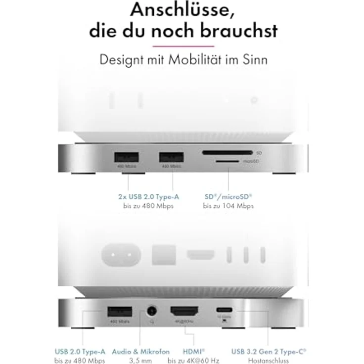 ICY Box IB-DK100, USB-C DockingStation (7-in-1) mit M.2 NVMe Slot, HDMI 4K 60Hz, 3x USB-A, SD/microSD, USB 3.2 Gen 2 10 Gbit/s, Aluminium für Mac mini M4 & USB-C PC – Bild 4