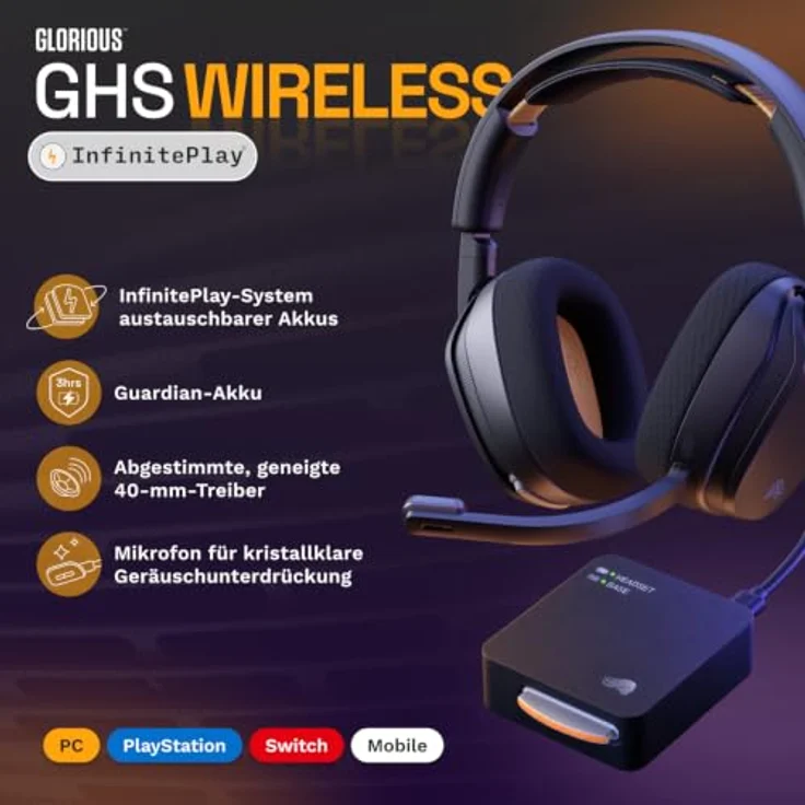 Glorious GHS Wireless InfinitePlay, Gaming Headset mit 2x 85-Stunden Akku, abnehmbarem Mikrofon und dualer drahtloser Audio-Unterstützung, schwarz – Bild 2
