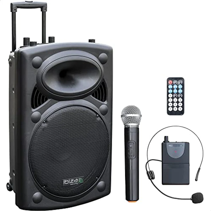 Ibiza Port15VHF-BT mobile 38cm PA-DJ-Anlage PA-Box Bluetooth-Lautsprecher inkl. Funkmikrofon, Fernebdienung (400W RMS, Akku-Betrieb,USB-SD, Radio) schwarz – Bild 2