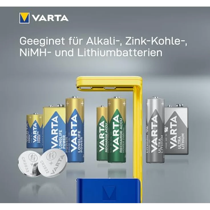Varta LCD Battery Tester, geeignet für 9V, AA, AAA, C, D, Alkali, Lithium-Ion (Li-Ion), Nickel-Metallhydrid (NiMH), blau und gelb – Bild 4