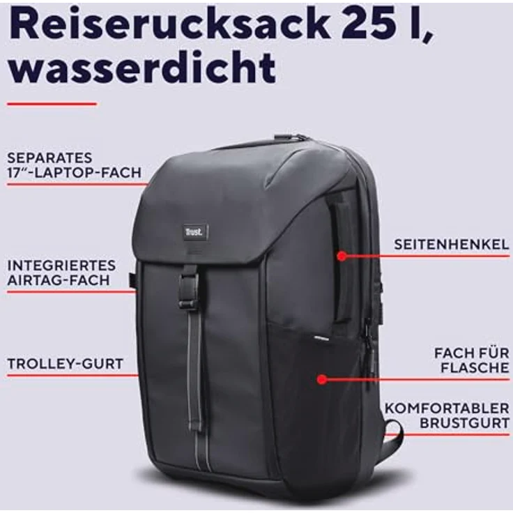 TRUST Jersey Rucksack, wasserdicht für Notebooks bis 17", 25 L Volumen, schwarz – Bild 2