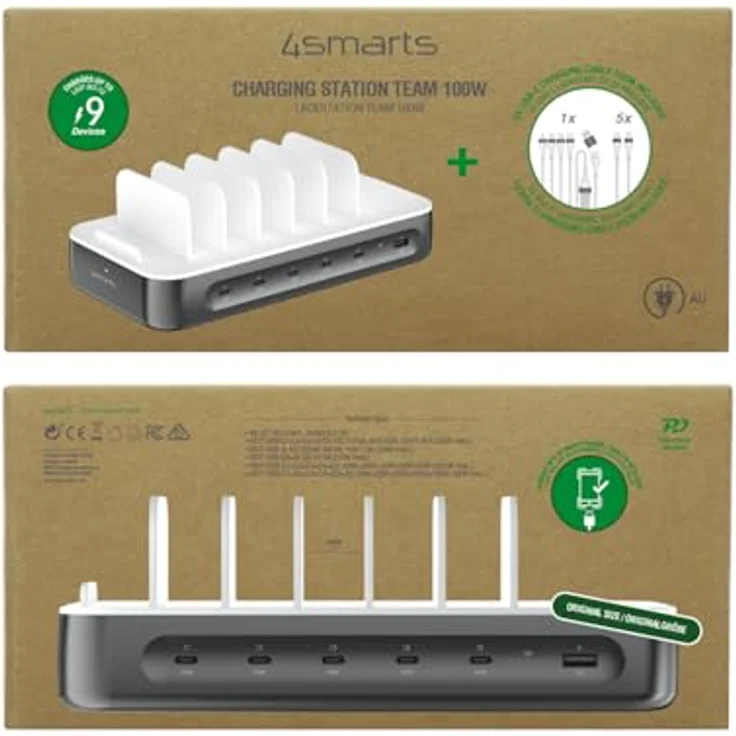 4smarts Ladestation „Team 5C/1A“, Induktions-Ladegerät mit 6 Anschlüssen, 5x USB-C und 1x USB-A, inklusive 4in2-Multiladekabel, schneller 20W Ladeleistung, Sicherheitsmechanismen – Bild 9