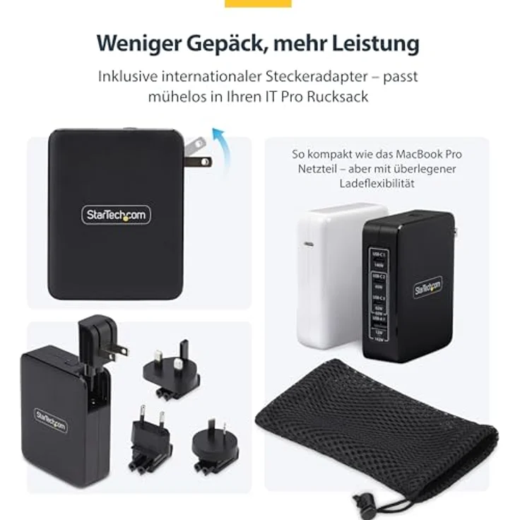 StarTech 3114GCU-WALL-CHARGER, USB-C Ladegerät mit 3 Anschlüssen, 140 W, 28 V, kompakt, Schwarz – Bild 5