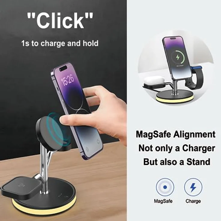 PUCHIKA 4 in 1 Induktive Ladestation für iPhone AirPods Apple Watch MagSafe Wireless Charger (inkl. 18W/QC 3.0 Schnelllade-Adapter und Typ-C-Ladekabel) – Bild 2