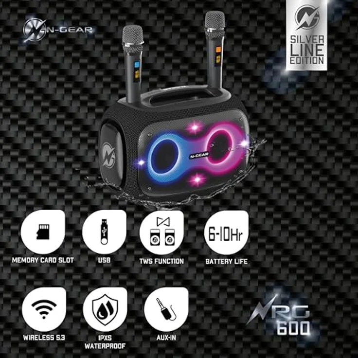 N-Gear NRG600 120 Watt Bluetooth-Speaker inkl. 2 Mikrofone (IPX5 wasserdicht, Schwarz) – Bild 6