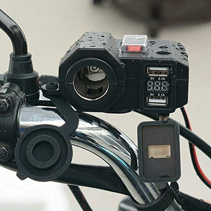 Bolwins D74C Motorrad USB Steckdose Zigarettenanzünder, wasserdicht mit 2x USB (5V/2,1A) und Spannungsanzeige, schwarz – Bild 3
