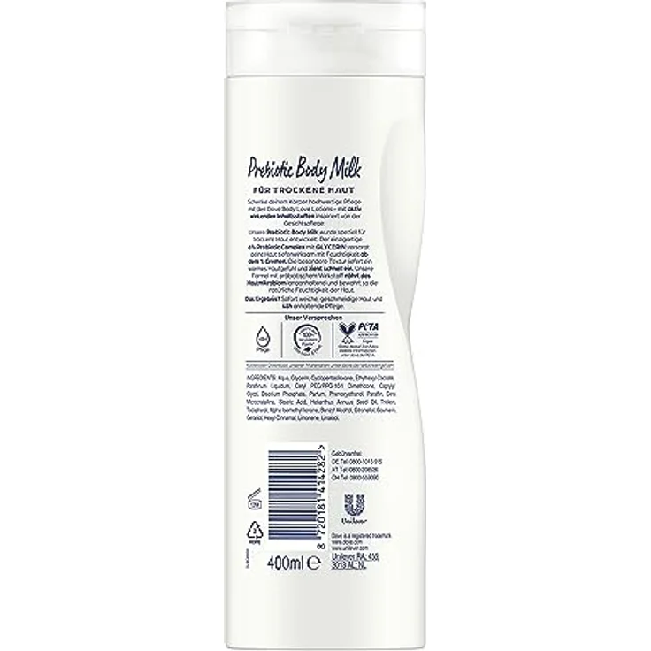 Dove Body Love Prebiotic Body Milk für trockene Haut, 48 Stunden Körperpflege mit Glycerin, 400 ml – Bild 3