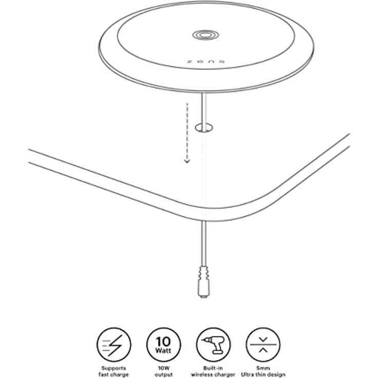 ZENS Kabelloses Einbau-Ladegerät 10W Weiß (5mm Höhe, Qi-Zertifiziert, Apple & Samsung Fast Charging, Netzteil + Kabel inklusive) – Bild 2