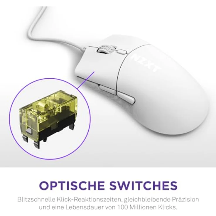 NZXT Lift 2 Symm | Leichte symmetrische kabelgebundene Gaming-Maus | Leichte 58-g-Konstruktion | 8K-Abfragerate | Optische Switches | Optischer 26K-DPI-Sensor | Füße aus 100% PTFE | Weiß – Bild 4