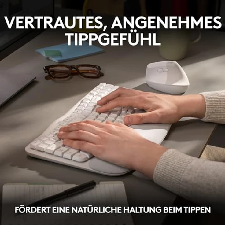 Logitech Wave Keys kabellose ergonomische Tastatur, gepolsterte Handballenauflage, komfortables natürliches Tippen, Easy-Switch, Bluetooth, Logi Bolt, Multi-OS,Windows/Mac,Deutsches QWERTZ Layout-Weiß – Bild 4