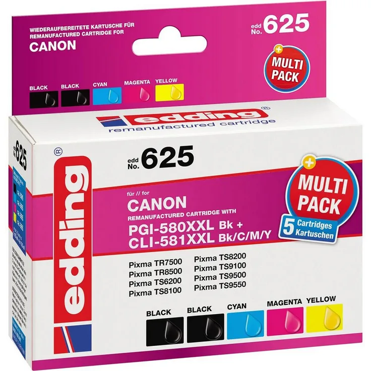 edding EDD-625, kompatible Druckerpatronen in Schwarz, Cyan, Magenta und Gelb, 5 St./Pack, für Canon PGI-580XXL