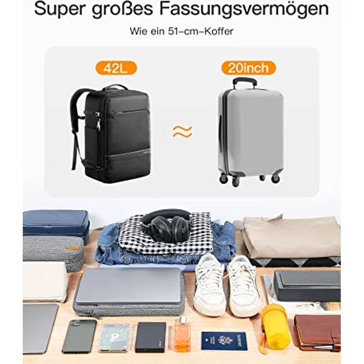 Inateck 42L Supergroßer Handgepäck Reiserucksack für 15,6 Zoll Laptop Notebooks, Flug Genehmigt Kabinenrucksack - Schwarz – Bild 2
