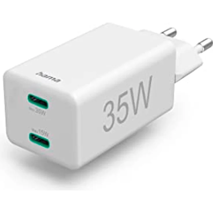 Hama Schnellladegerät, 2x USB-C, PD/Qualcomm®, Mini-Ladegerät, 35 W, Weiß – Bild 1