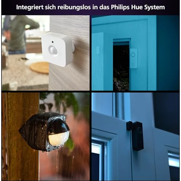 PHILIPS Hue Secure Starter Kit, inkl. 3 Kontaktsensoren & 1 Bewegungssensor in Weiß, 2 smarte LED Lampen (White & Color Ambiance E27) und Bridge – Bild 6