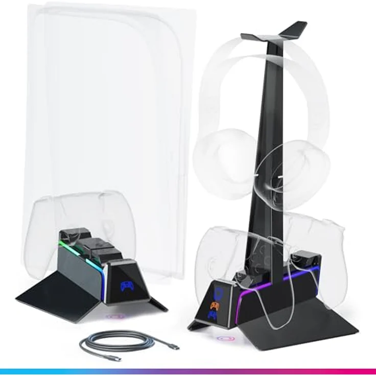 Oniverse PS5 Controller Ladegerät, 2H Schnellladestation mit abnehmbarer Kopfhörerhalterung, Dual Charger kompatibel mit DualSense, Schwarz – Bild 2