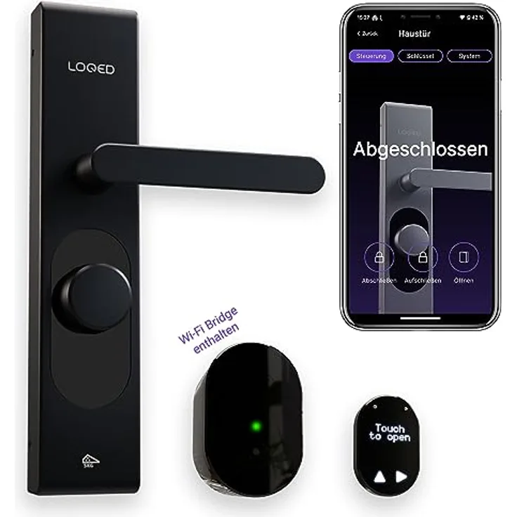 LOQED Touch Smart Lock Türschloss Schwarz - Elektronisches Türschloss Haustür - 256 bit Verschlüsselung - Smart Home Haustürschloss + Smartphone App - Smartes Türschloss Elektrisch