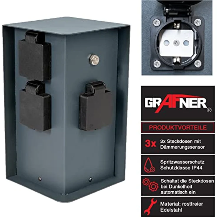 Grafner Gartensteckdose Steckdosensäule anthrazit mit Dämmerungssensor und Edelstahl – Bild 2