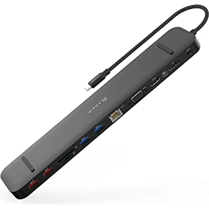 ADAM elements CASA Hub Pro Max 13-in-1 (je 2X USB-A 3.1 Gen.1 und Gen.2, 2X USB-C, 1x RJ45, 1x DisplayPort, 1x VGA, 1x HDMI, 2X SD- Karten Slots, 1x 3,5mm Klinkenanschluss)- Schwarz