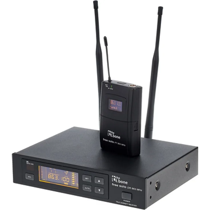 the t.bone free solo PT 863 MHz, UHF Funksystem mit Taschensender, 16 Kanälen, regelbarem Squelch und Rackmount, inkl. Gitarrenkabel und Kunststoffkoffer