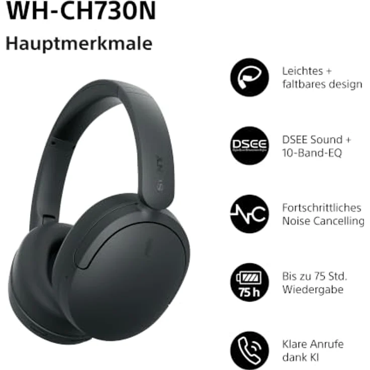 Sony WH-CH730N, Kabellose Noise-Cancelling Kopfhörer in Schwarz – Bild 2