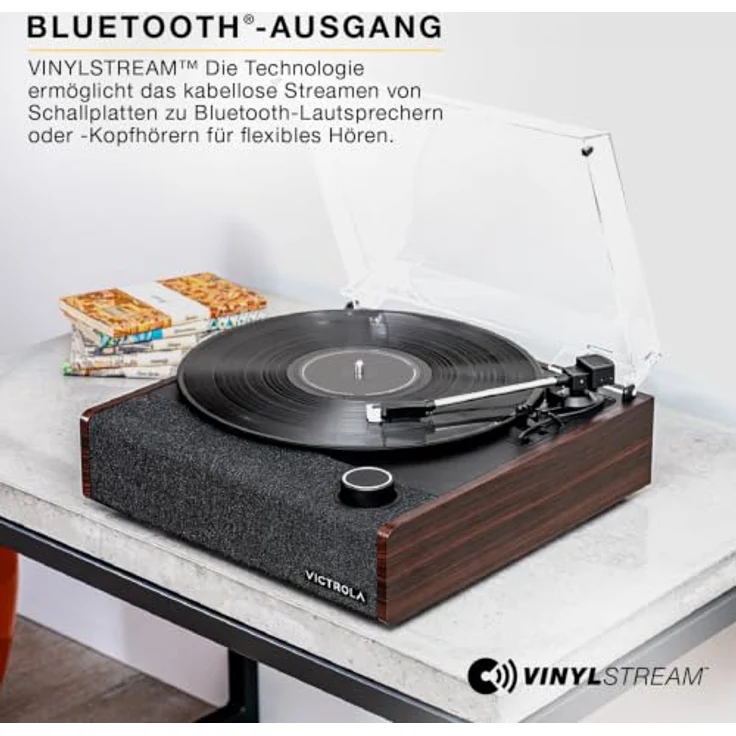 Victrola Eastwood II, halbautomatischer Plattenspieler mit Bluetooth, in Braun, inklusive Staubschutzdeckel – Bild 4
