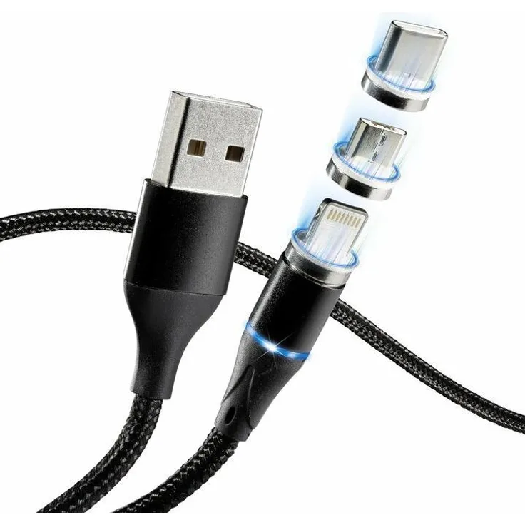 MCDODO 3in1 USB Ladekabel CA-5500 mit magnetischem Stecker, Schwarz, 2.4A Fast Charge, 1.5m, kompatibel mit iOS, Micro-USB und Typ-C Smartphones