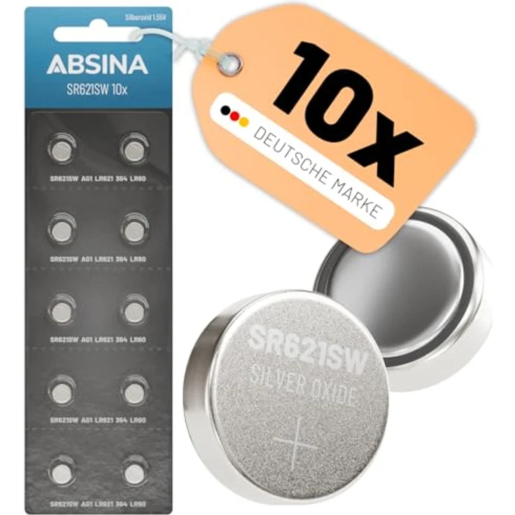 ABSINA SR621SW Uhrenbatterie 1,55V Silberoxid 10er Pack - Knopfzelle SR621SW auslaufsicher & Lange Haltbarkeit - Batterie SR621SW / LR621 / SR621 / 364 / V364 / R60 / AG1 - SR 621 SW Uhren Knopfzelle – Bild 1