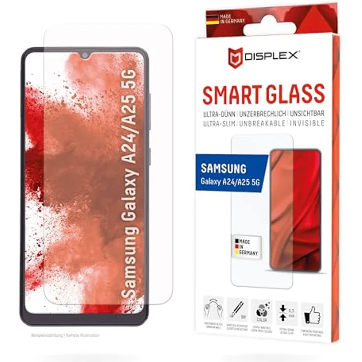 DISPLEX Smart Glass Displayschutzglas für Samsung Galaxy A25, 9H Härte, ultra-dünn, Anti-Fingerprint, Made in Germany