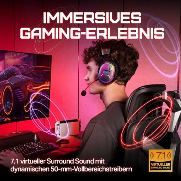 OXS Storm G2 Kabelloses Gaming-Headset, 7,1 Virtual Surround Sound, 3 EQ Modi, 2,4 GHz Niedrige Latenz, 50 mm Treiber, RGB Beleuchtung, Bluetooth 5.3, Schwarz – Bild 2
