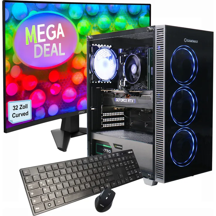 GAMEMAX Gaming PC Draco XD Komplett SET, AMD Ryzen 5 5500, 32GB RAM, 1TB SSD, RTX 5050, Windows 11, inkl. MSI MAG 32C6 Curved Monitor 32"