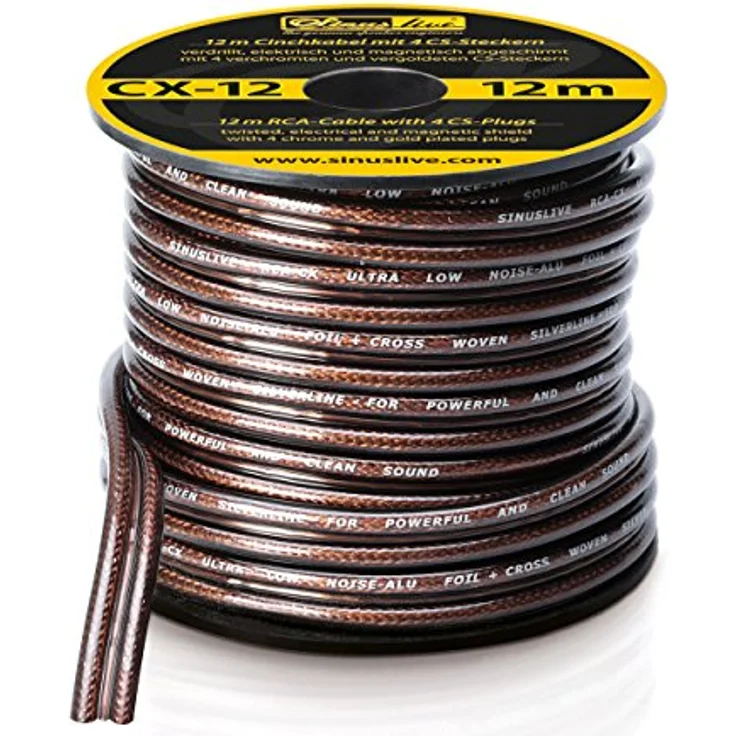Sinuslive Cinchkabel CX-Serie, 12m Rolle + 4 vergoldete Vollmetallstecker, halbtransparent