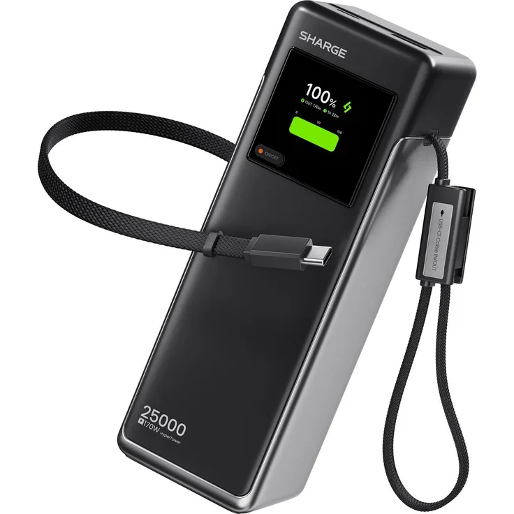 SHARGE HyperTower X6, 25000 mAh Powerbank mit 170W PD QC Schnellladen, Grau, integriertes USB-C-Kabel