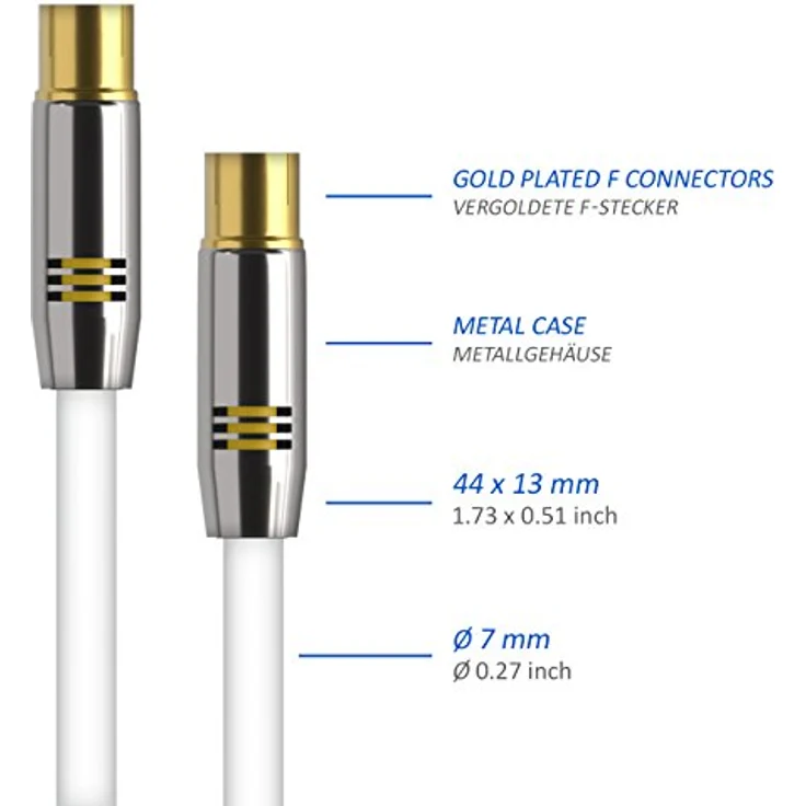 deleyCON 7,5m TV Antennenkabel PREMIUM HDTV Full HD - TV Kabel (Koaxialkabel) - TV-Stecker zu TV-Buchse - Weiß - METALL vergoldet - analog/digital – Bild 5