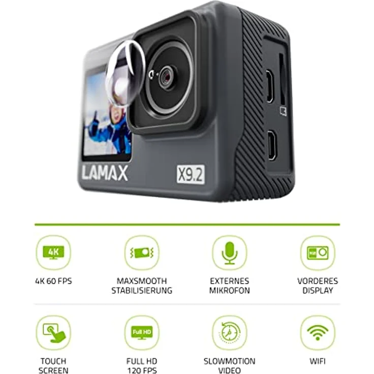 LAMAX X9.2 Action Cam, MAXsmooth Stabilisierung, bis 40 m Wasserdicht, 4K, 22 Zubehörteile, DISPLAY AUF DER VORDER- UND RÜCKSEITE, WI-FI-ÜBERTRAGUNG – Bild 2