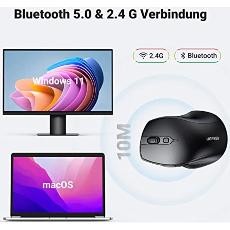 UGREEN Bluetooth Maus kabellos (BT 5.0 + 2.4G), 4000 DPI, 18 Monate Akkulaufzeit, Ergonomische, Schwarz – Bild 3