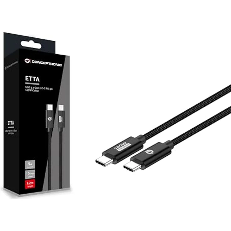 Conceptronic ETTA02B12, USB-C 3.2 Gen 2 Kabel, 1,2 m, 20 Gbps, 5A, geflochten, schwarz – Bild 3