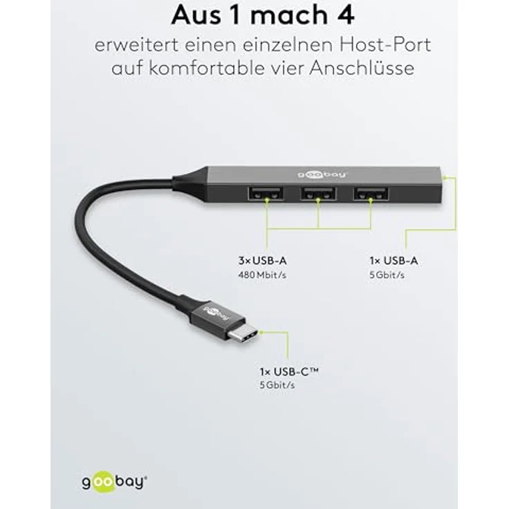 goobay 4-Port USB C 3.2 Hub Slim/USB Mehrfachstecker, USB Verteiler, USB Hub / 5 Gbits USB Splitter/Schlanker USB-C zu 4-Fach USB-A Multiport Adapter USB 3.0 Hub in robustem Aluminiumgehäuse, schwarz – Bild 3