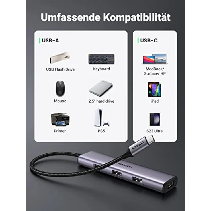 UGREEN USB C auf USB Adapter Ultra Slim USB C Hub mit 4 Port USB 3.0, kompatibel mit iPhone 15/15Pro, MacBook Air/Pro, iPad Pro/Air, Surface Pro, Galaxy Tab S8/S7, Galaxy S23/S22 - Schwarz – Bild 5