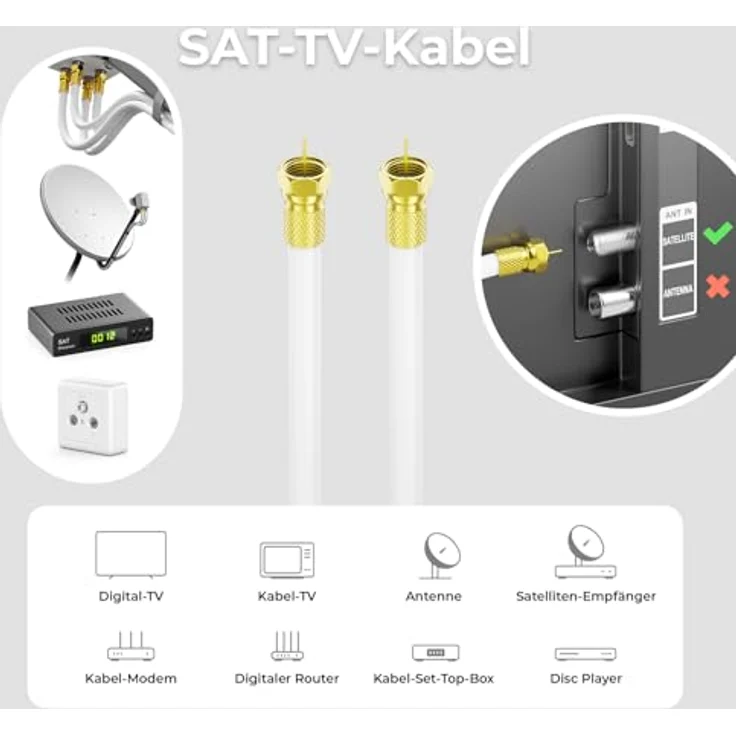 deleyCON HQ 20m SAT Koaxial Kabel 130dB - 4-fach geschirmt für DVB-S - S2 DVB-T und DVB-C - Stahl/Kupfer Innenleiter - 4K 1080p FULL HD HDTV - inkl. 10x vergoldete F-Stecker – Bild 5