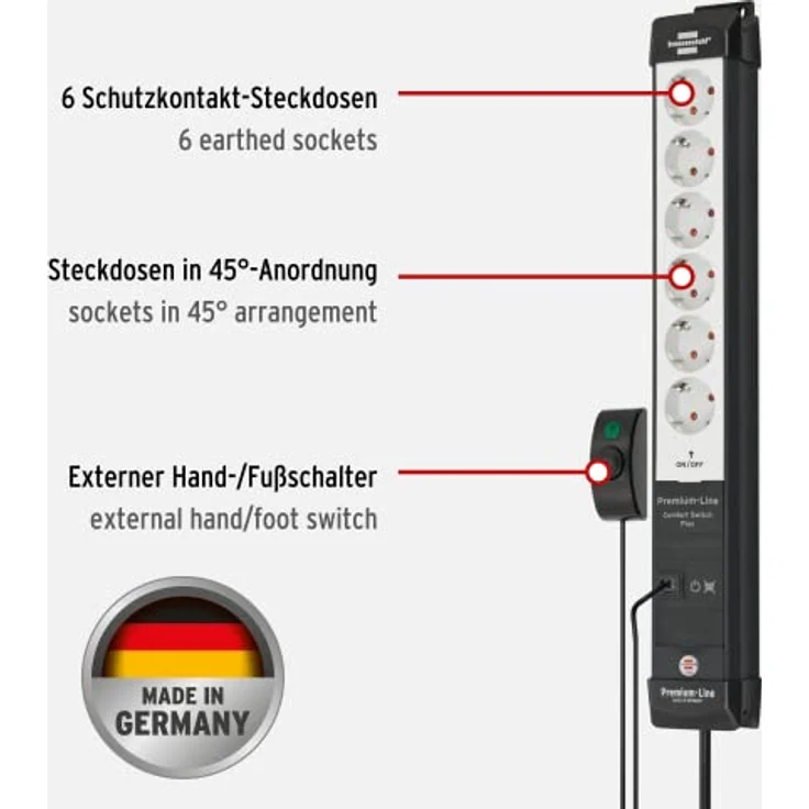 Brennenstuhl Premium-Line Comfort Switch Plus Steckdosenleiste 6-Fach (3m Kabel, zusätzlicher Hand-/Fußschalter, Steckdosenleiste Wandmontage, Made in Germany) schwarz/grau – Bild 2