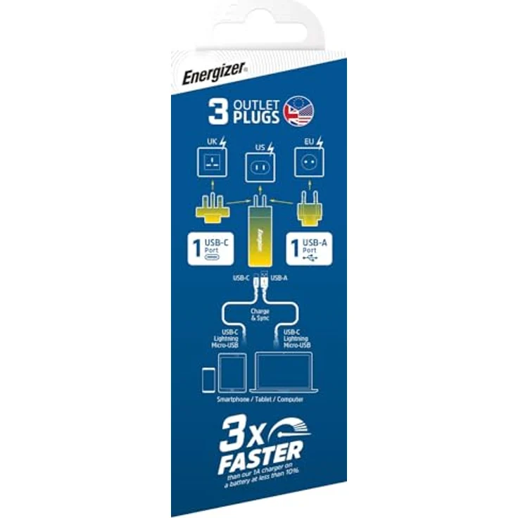 Energizer Schnellladegerät USB-A und USB-C 65 W – 3 Steckdosen im Lieferumfang enthalten (EU/US/UK) – Silber/Grau – Bild 5