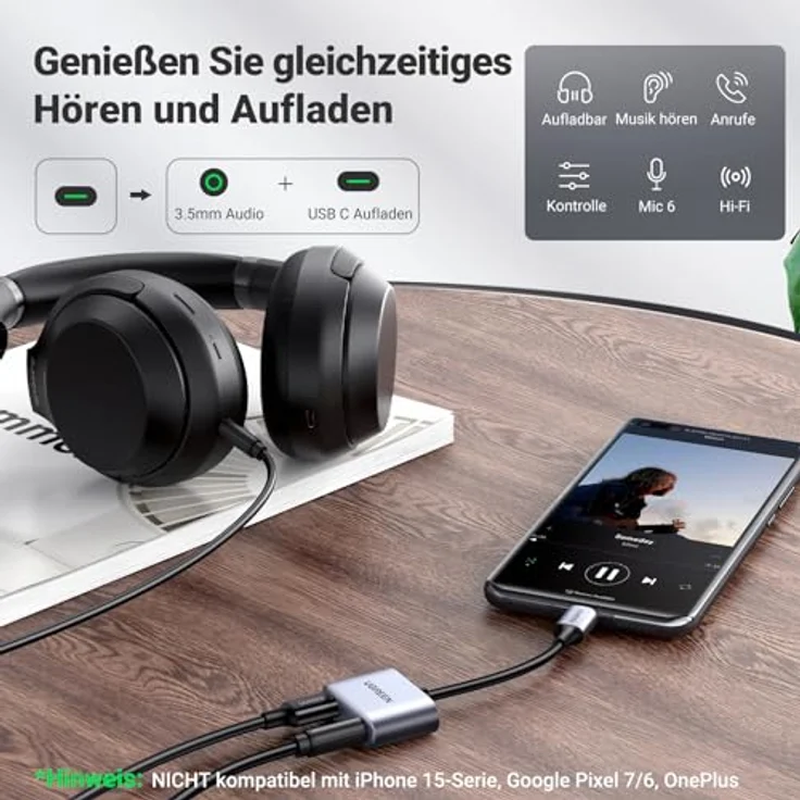 Ugreen USB Typ C (männlich) USB Typ C PD QC (weiblich) + 3,5mm Miniklinke (weiblich) Audio Adapter grau – Bild 2