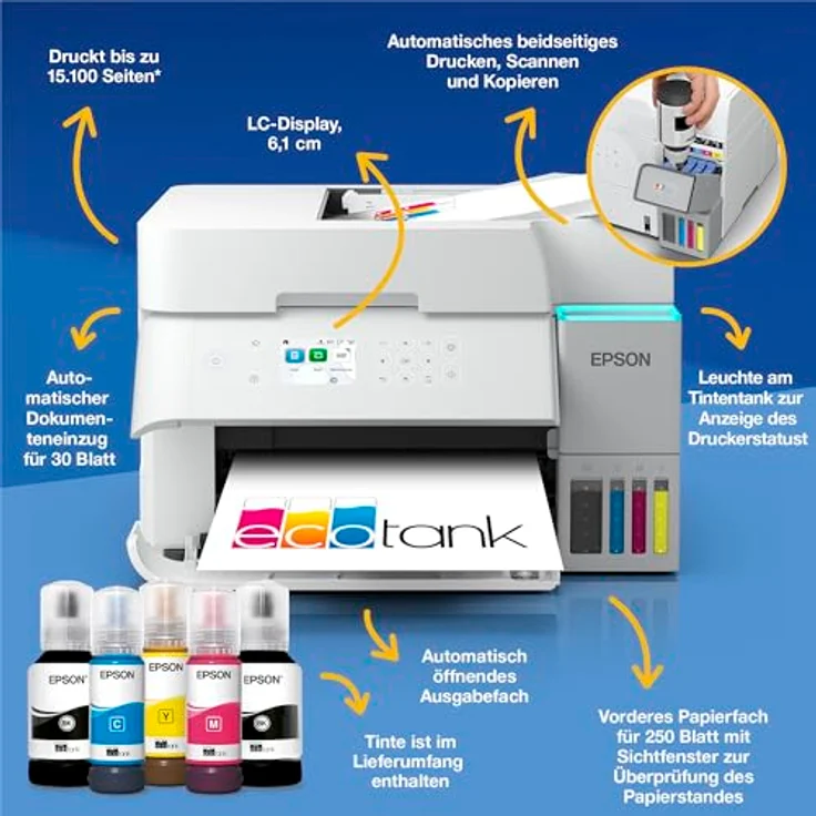 Epson EcoTank ET-3956, A4-Multifunktionsdrucker in Weiß mit Wi-Fi, AirPrint, Duplexdruck, automatischem Dokumenteneinzug und bis zu 3 Jahre Tinte im Lieferumfang enthalten – Bild 2