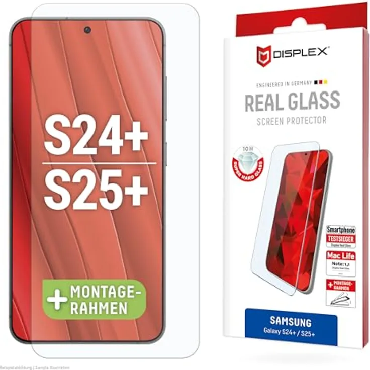 Displex Schutzglas 2D/ Clear (10H) für Samsung Galaxy S24+/S25+, Eco-Montagerahmen, Tempered Glas, kratzer-resistente Schutzfolie, hüllenfreundlich