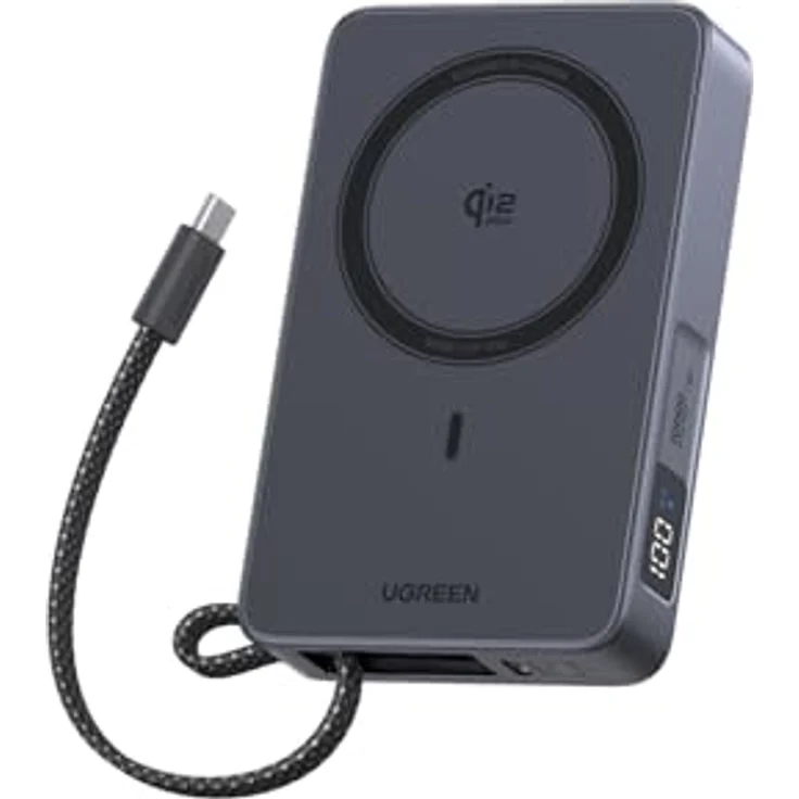 UGREEN MagFlow Magnetische Powerbank 10000mAh 25W, Qi2 Magsafe Powerbank mit integriertem Kabel, LED-Bildschirm, PD30W USB-C Schnellladung, Grau – Bild 1