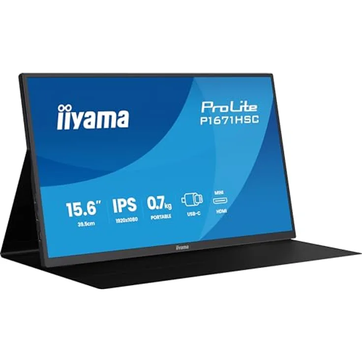 iiyama Prolite P1671HSC-B1, tragbarer 15,6" Full-HD IPS Monitor mit USB-C, integrierten Lautsprechern und Lederhülle, schwarz