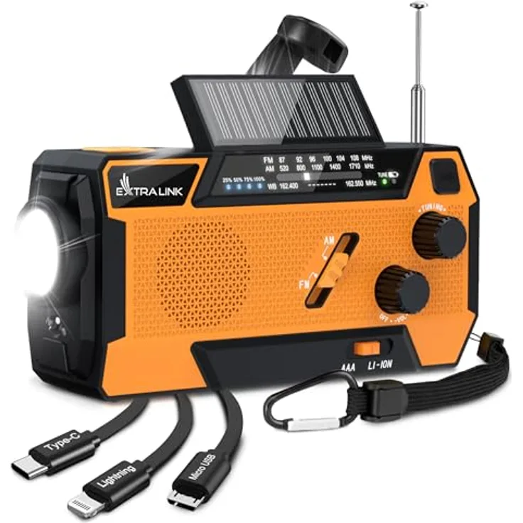 Extralink SR-4000 Notfallradio, Solar & Kurbel mit 4000mAh Powerbank und SOS-LED Taschenlampe, Schwarz