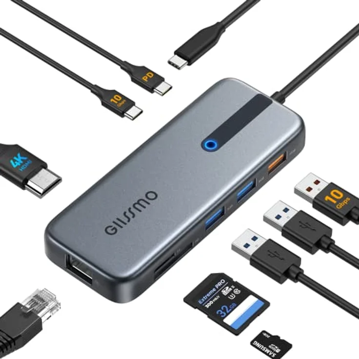 USB C Hub 4K@60Hz, 100W PD, Ethernet RJ45, 10Gbps USB-C/A 3.2Gen 2, MicroSD & SD Kartenleser, 2 USB 3.0, 9-in-1 GIISSMO USB C Hub Kompatibel mit MacBook M1 M2, HP Dell Lenovo Laptops und mehr – Bild 1