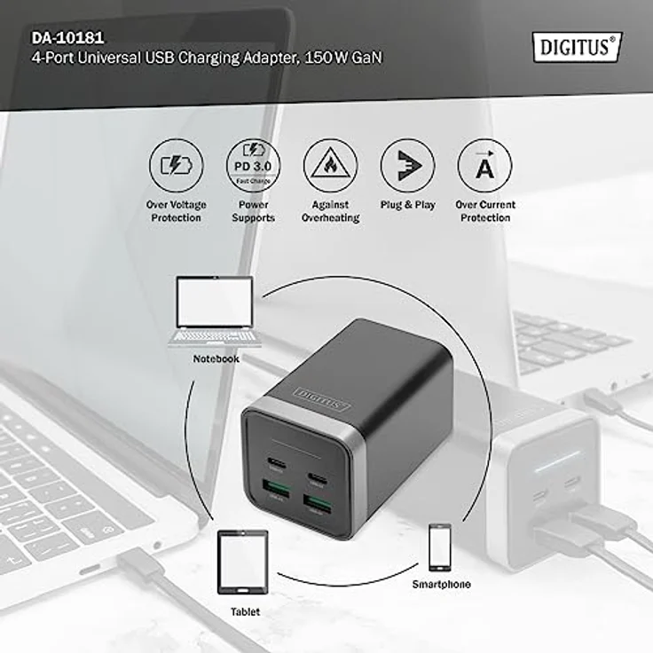 DIGITUS 4-Port GaN DA-10181 USB-Ladegerät Innenbereich, Steckdose Ausgangsstrom (max.) 3000mA 4 x U, Ergonomisches Design – Bild 3