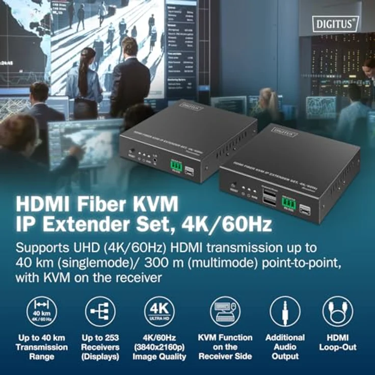 Digitus HDMI Fiber KVM IP Extender Set, 4K/60Hz, Punkt-zu-Punkt und Punkt-zu-Multipunkt, bis zu 40 km, Schwarz – Bild 3